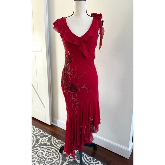 FLAWED Vintage Sue Wong Y2K Red Beaded Embroidered Asymmetrical Dress 12 S XS - Picture 3 of 17